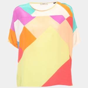 Pre Owned Etro Multicolor Geometric Print Silk Short Sleeve Blouse M