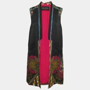 Etro Black Floral Jacquard Sleeveless Open Front Coat M