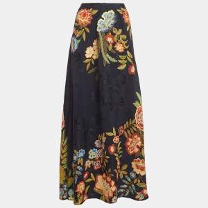 Etro Navy Blue Floral Print Jacquard Panel Maxi Skirt S