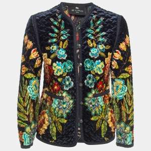 Etro Navy Blue Floral Print Velvet Quilted Jacket S