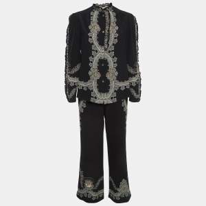 Etro Black Floral Print Silk and Crepe Ruffled Shirt and Trouser Set S