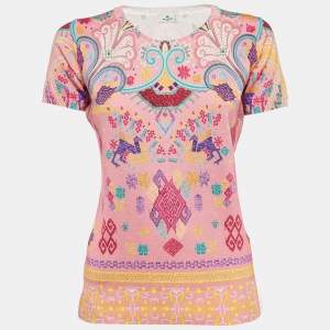 Pre Owned Etro Pink Print Stretch Silk Half Sleeve T-Shirt M