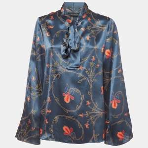 Etro Blue Floral Print Silk Satin Neck Tie Blouse L