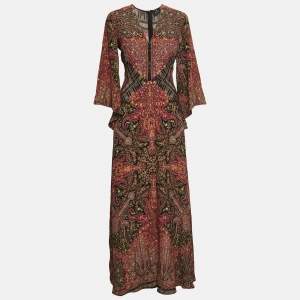 Pre Owned Etro Multicolor Floral Print Silk Flared Long Sleeve A-Line Maxi Dress M