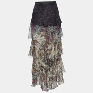 Etro Grey/Cream Ombre Paisley Print Silk Tiered Maxi Skirt L