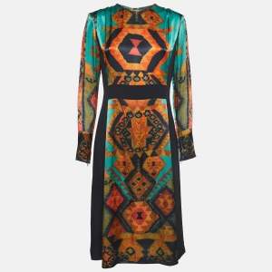 Etro Black & Multicolor Ikat Print Satin & Crepe Full Sleeve Dress M