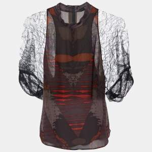 Etro Black Printed Silk & Lace Mock Neck Blouse S