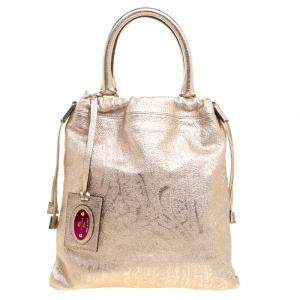 Pre Owned Etro Metallic Gold Paisley Embossed Leather Tote