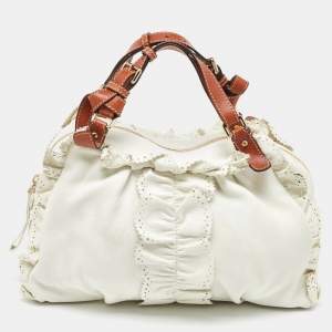 Etro White/Brown Leather Ruffle Zip Satchel