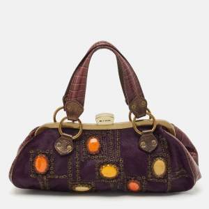 Etro Purple Calfhair and Croc Embossed Leather Embellished Frame Satchel