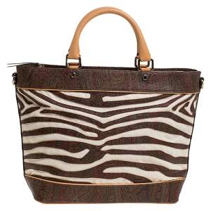 Etro Brown Paisley Printed Coated Canvas and Leather Tote
