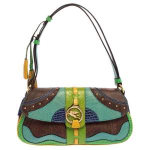 Etro Multicolor Paisley Print Coated Canvas and Exotic Embossed Leather Flap Shoulder Bag