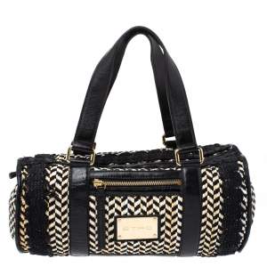 Etro Black/Beige Woven Straw and Leather Boston Bag