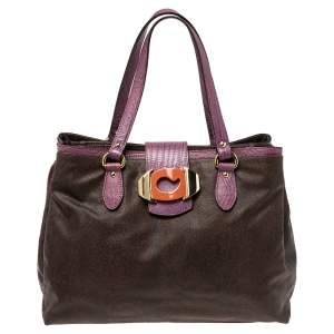 Etro Brown/Purple Paisley Printed Canvas and Lizard Embossed Leather Tote