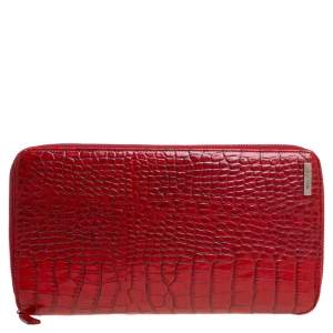 Pre Owned Etro Red Croc Embossed Leather Zip Around Organizer Wallet