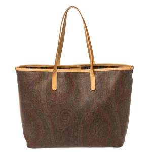 Etro Brown Paisley Printed Coated Canvas and Leather Shopper Tote