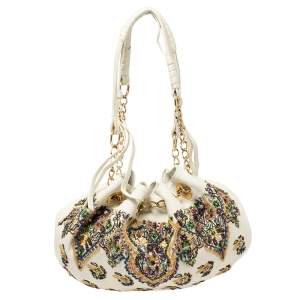 Pre Owned Etro White Leather Beads Embroidered Drawstring Shoulder Bag