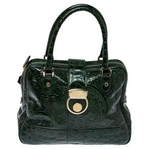 Etro Dark Green Paisley Embossed Leather Pushlock Flap Satchel