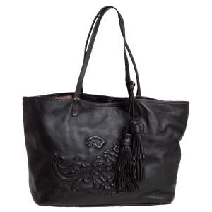 Etro Dark Brown Paisley Embossed Leather Tote