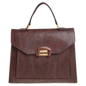 Etro Brown Paisley Coated Canvas Top Handle Bag