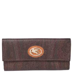 Pre Owned Etro Brown Paisley Coated Canvas Trifold Continental Wallet 