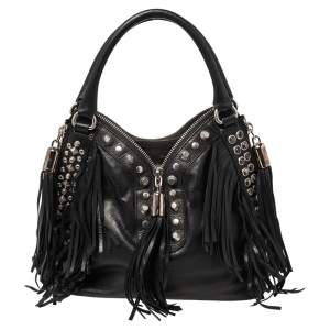 Pre Owned Etro Black Leather Studded Fringe Shoulder Bag