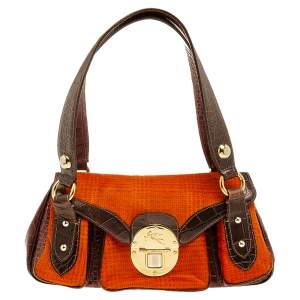 Etro Brown/Orange Croc Embossed Leather And Fur Buckle Flap Shoulder Bag