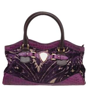 Etro Tri-colored Croc Embossed Leather And Velvet Satchel