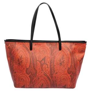 Pre Owned Etro Orange/Black Paisley Canvas and Leather Shopper Tote