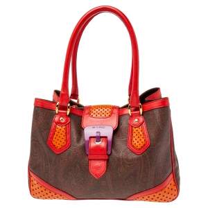 Pre Owned Etro Multicolor Paisley Coated Canvas and Perforated Leather Buckle Detail Tote