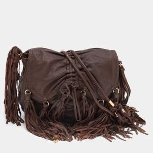 Pre Owned Etro Dark Brown Leather Fringe Flap Shoulder Bag