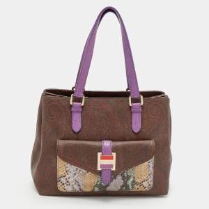 Pre Owned Etro Multicolor Paisley Coated Canvas and Python Embossed Leather Tote