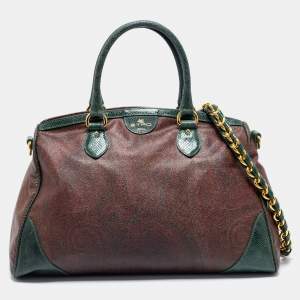 Etro Green/Brown Paisley Print Coated Canvas and Snakeskin Embossed Leather Chain Boston Bag