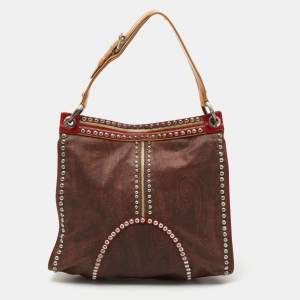 Etro Brown/Red Paisley Coated Canvas and Leather Studded Hobo