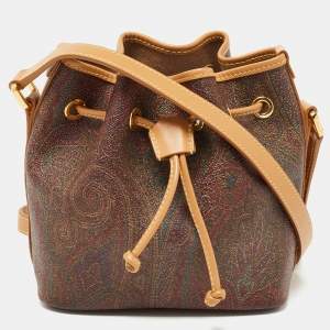 Etro Brown Paisley Printed Coated Canvas and Leather Drawstring Bucket Bag