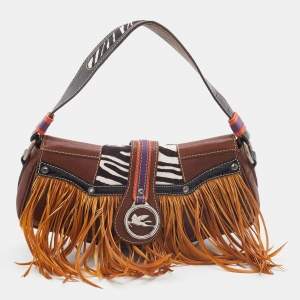 Etro Multicolor Leather and Calfhair Feather Flap Baguette Bag