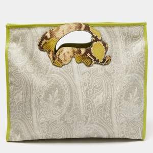 Etro Grey/Green Paisley Coated Canvas and Python Embossed Leather Detail Bag