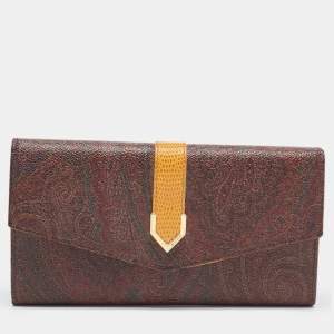 Etro Brown/Mustard Paisley Print Coated Canvas and Leather Flap Continental Wallet