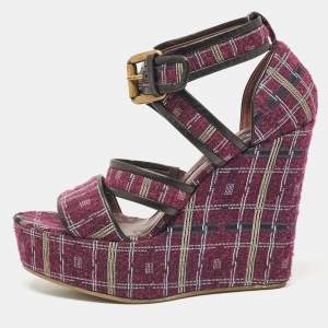 Etro Magenta Pink/Black Tweed and Leather Platform Wedge Sandals Size 40
