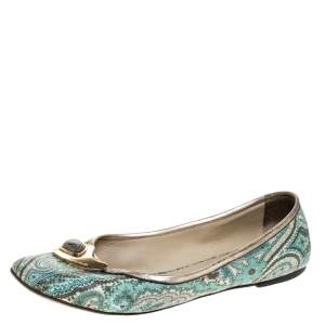 Etro Green Paisley Printed Coated Canvas Embellished Ballet Flats Size 40