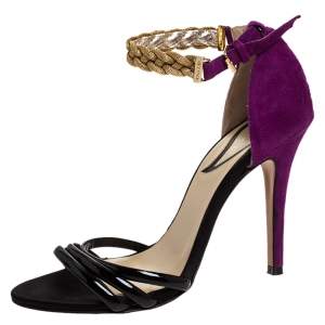Etro Black/Purple Patent And Suede Chain Embellished Ankle Strap Sandals Size 36