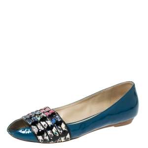 Etro Blue Patent And Multicolor Embossed Python Trim Ballet Flats Size 37