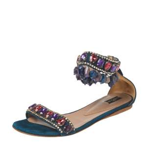 Etro Teal Suede Crystal Embellished Ankle Strap Flat Sandals Size 39