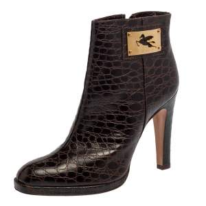 Etro Brown Croc Embossed Leather Ankle Platform Boots Size 40