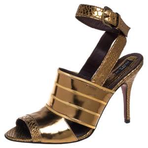  Etro Gold Python Embossed And Leather Ankle Wrap Sandals  Size 40