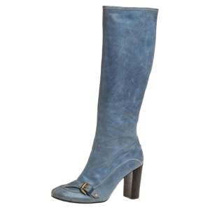Etro Blue Leather Buckle Detail Knee Length Boots Size 38