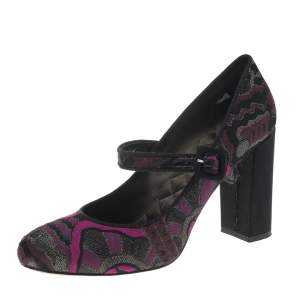 Etro Purple/Black Brocade Fabric Mary Jane Block Heel Pumps Size 38