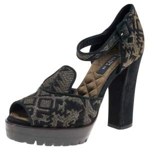 Etro Black Printed Brocade Fabric Ankle Strap Sandals Size 38