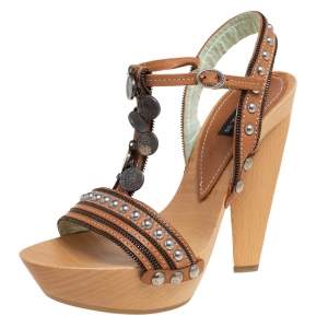 Etro Tan Leather Embellished Platform Ankle Strap Sandals Size 36 