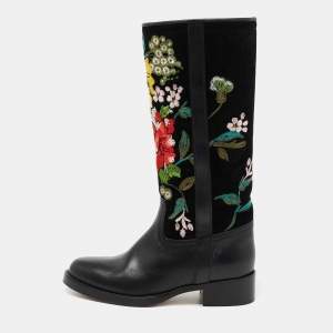 Etro Black Leather And Suede Embroidered Knee Length Boots Size 37 